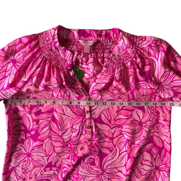 Lilly Pulitzer Elsa Top Pink Pawsitive Cattitude Floral Cats 100% Silk Blouse S - Picture 8 of 11